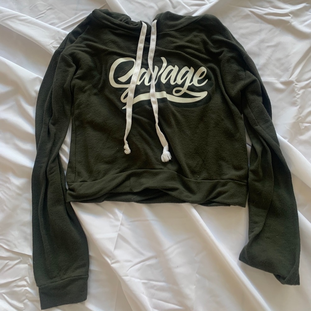 Savage Dark Green Hooded Cropped Sweatshirt